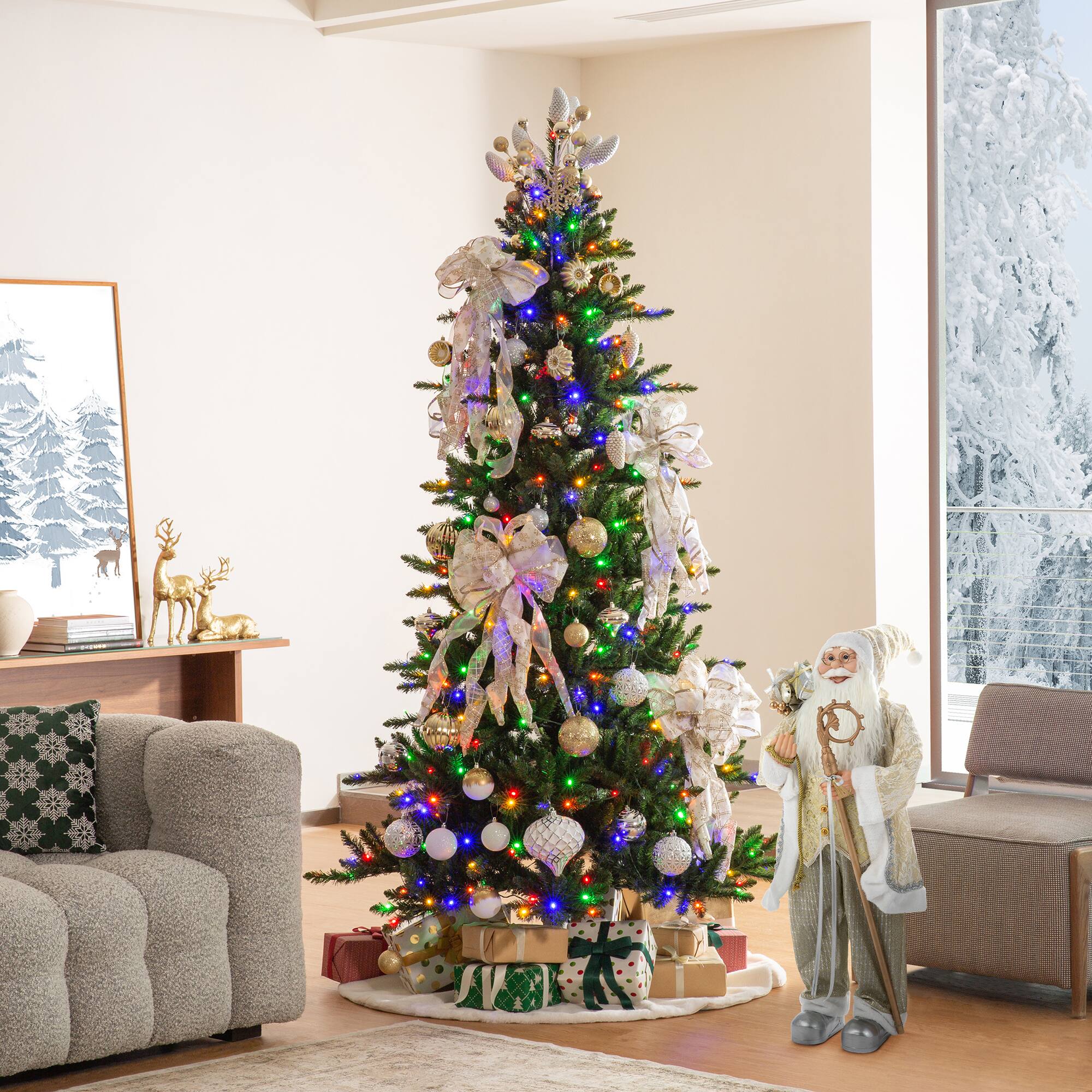 7.5ft. Pre-Lit Slim Fir Christmas Tree Kit with Ornaments, Tree Skirt & Santa Figurine